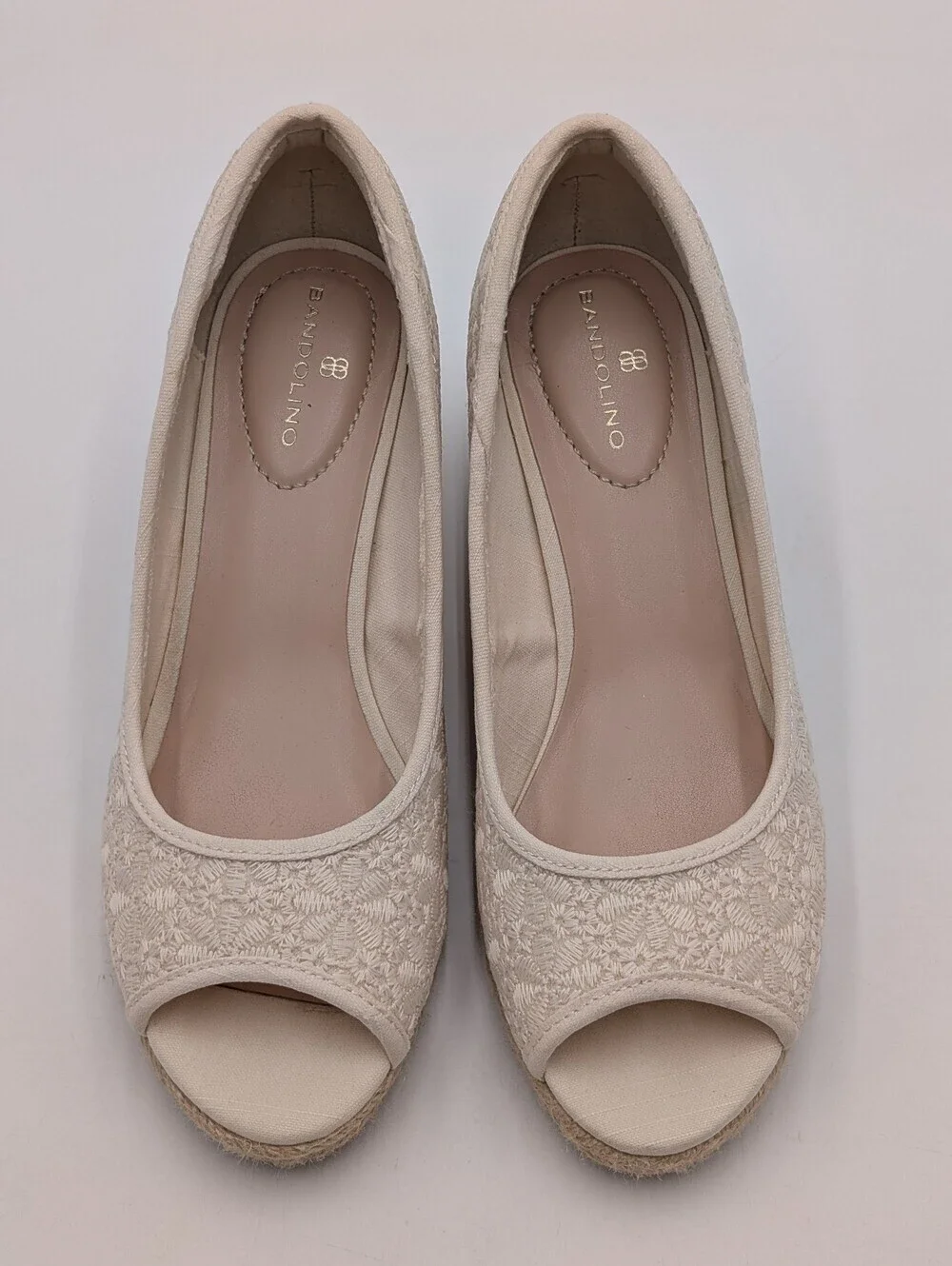 Bandolino Nuri Sz 6.5M Natural Linen Floral Espadrille Jute-Wrapped Wedge Sandal